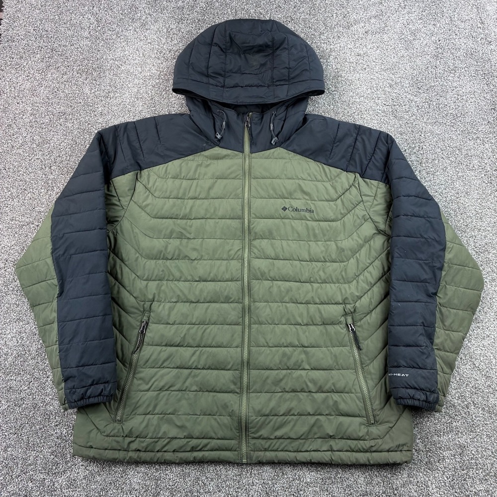 Columbia White Out II Puffer Jacket Mens XL Green Zip Insulated Hooded Lined
